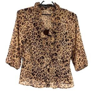 AGB Y2K Leopard Womens Top Sz XL Cami Mobwife Chiffon Ruffle Romantic Safari